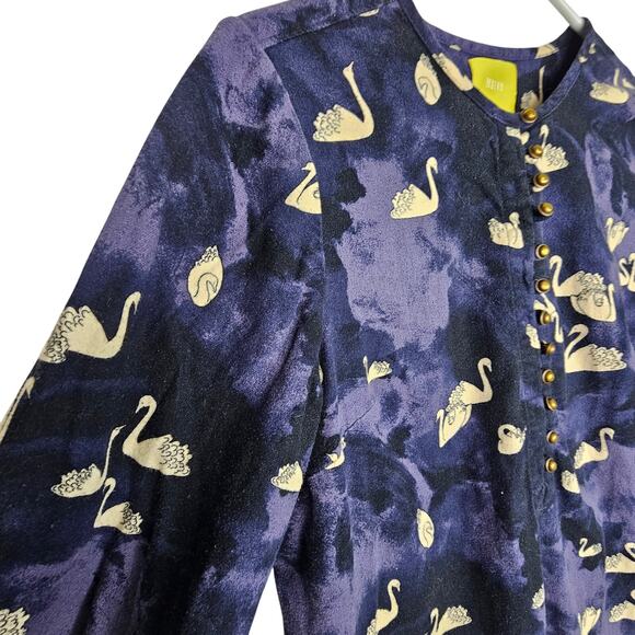 Anthropologie Maeve Womens Bethesda Swan Print Flannel Shirt Size S Whimsical - Picture 5 of 10